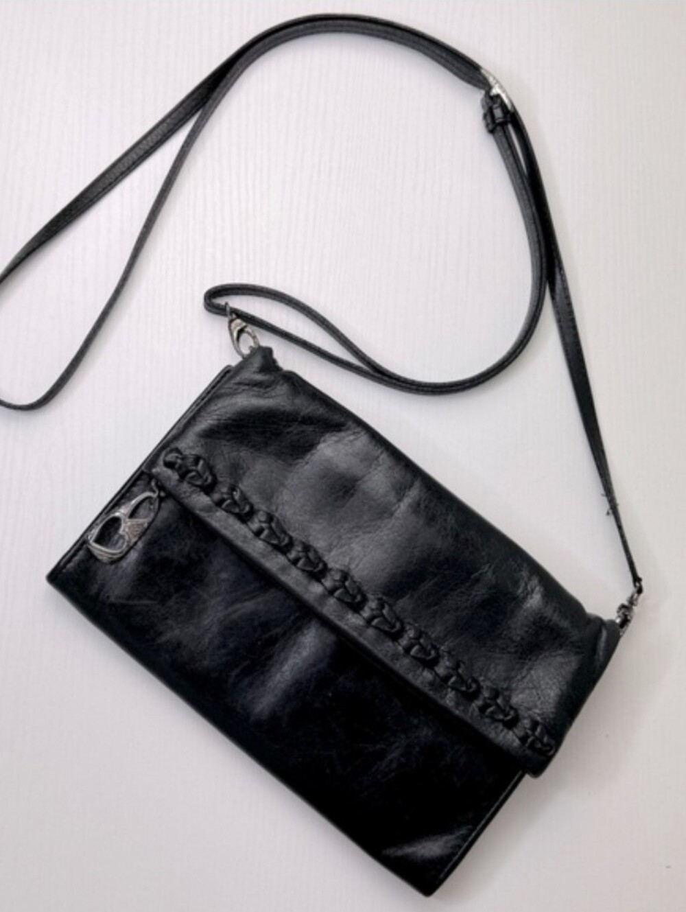 Vintage Brighton Black Leather Foldable Crossbody Bag Clutch Wallet Classic